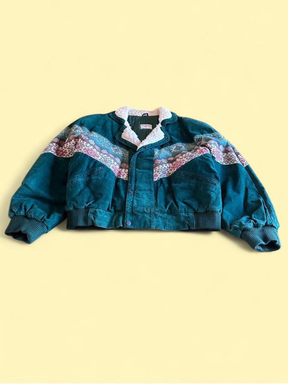 Vintage Vizyon Southwest Suede Sherpa Bomber Jacket Pine Green Men’s L